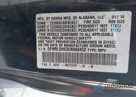2014 Honda Odyssey Ex-L z USA, uszkodzony, nr VIN 5FNRL5H63EB068452